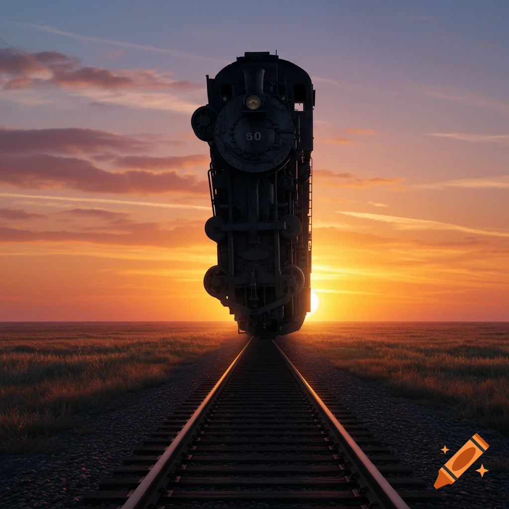 an upside down train on tracks at sunset