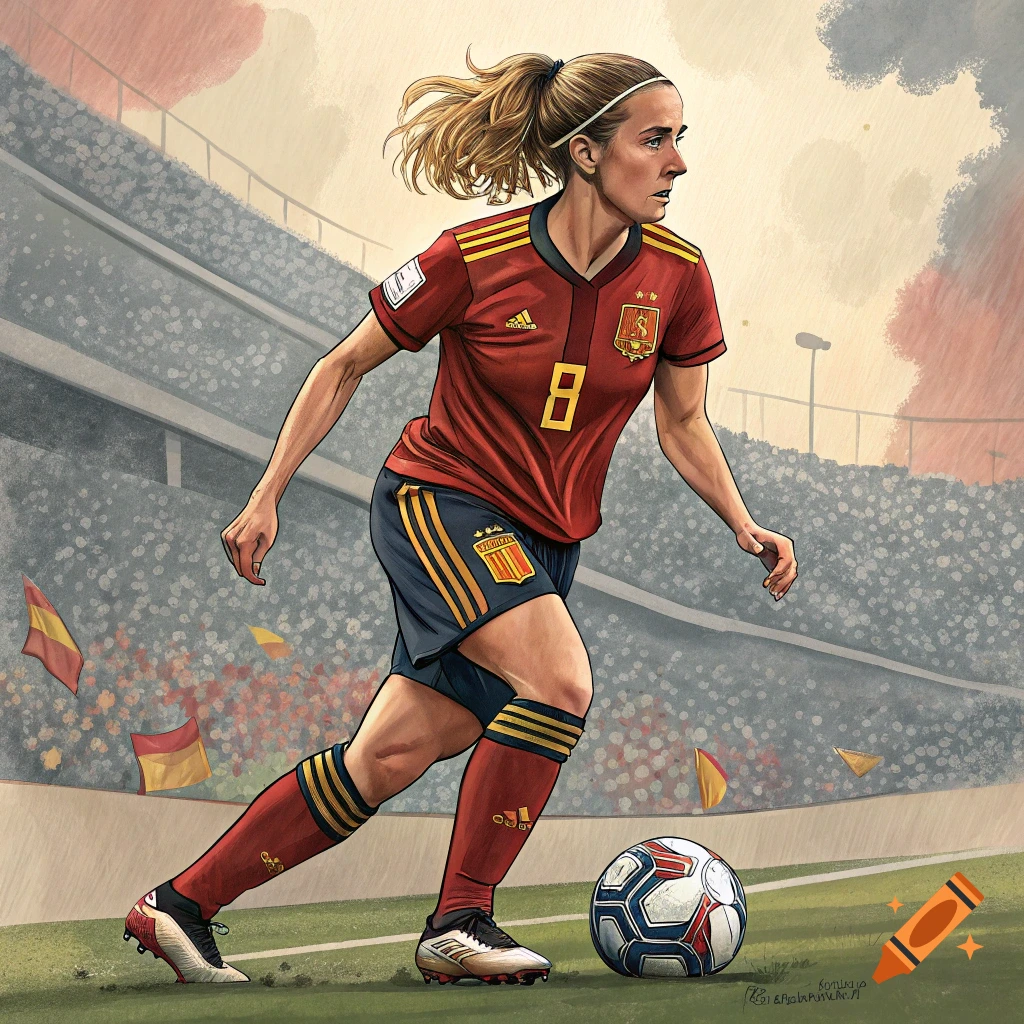 Illustration of a female soccer player in a red and yellow Spain jersey kicking a ball in a stadium.