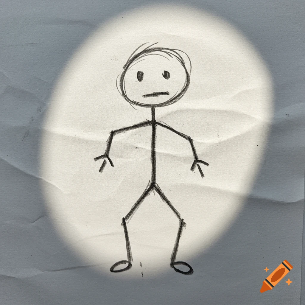 A pencil sketch of a stick figure standing on crumpled paper in a spotlight.