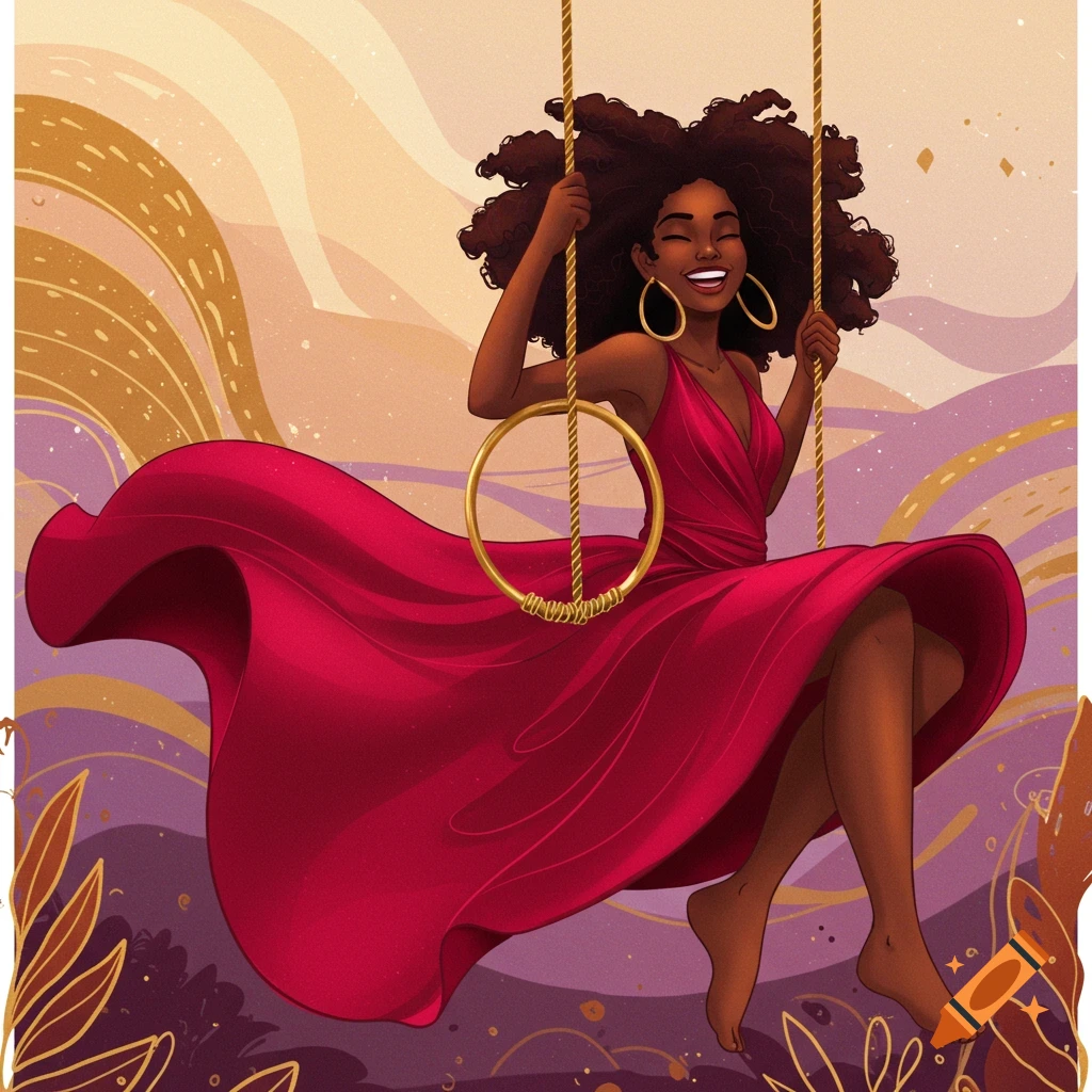 Stylized illustration of a Black woman in a flowing red dress swinging on a large hoop earring against an abstract, colorful sky.
