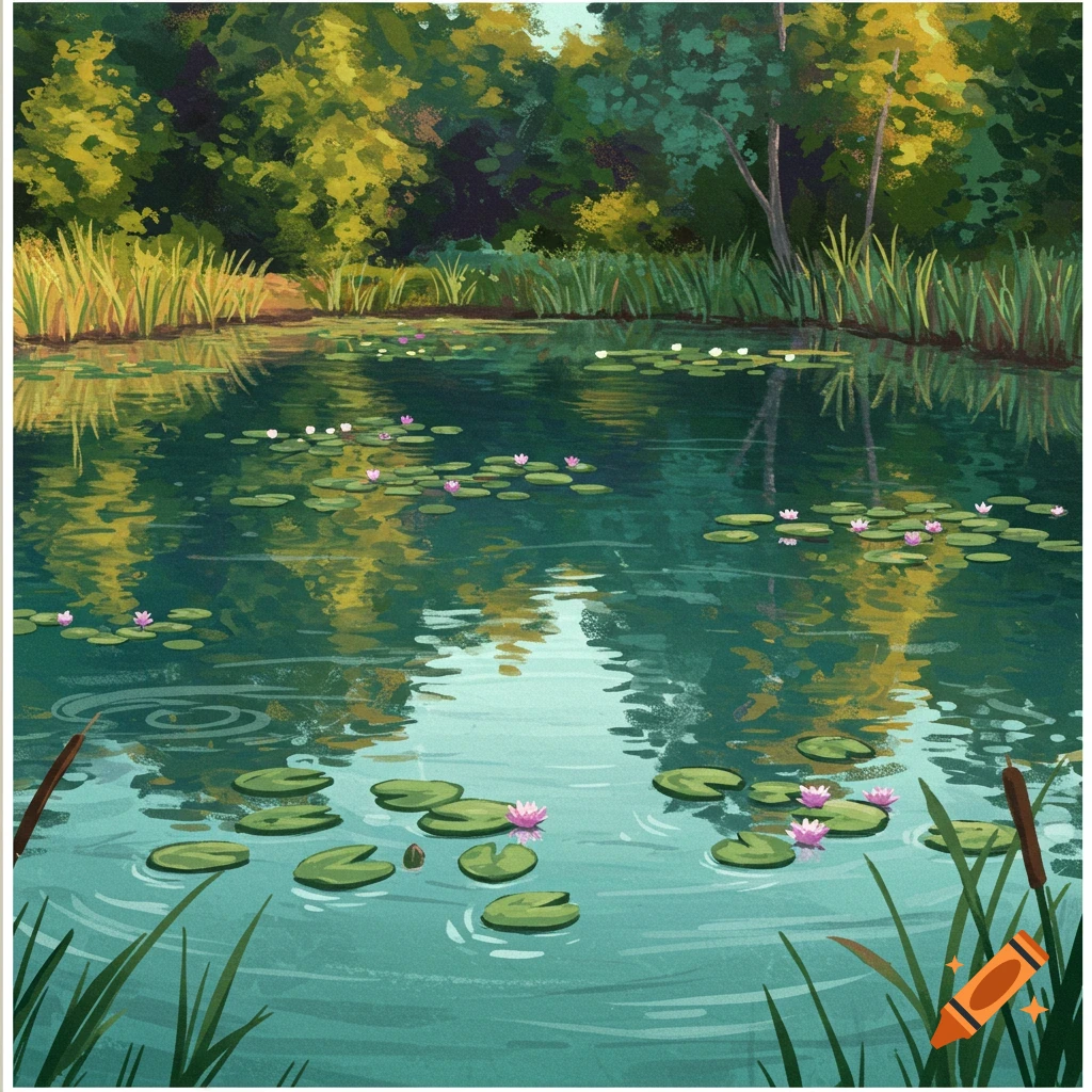 A pond with lily pads, water lilies, and reeds, showing reflections of trees in the water.