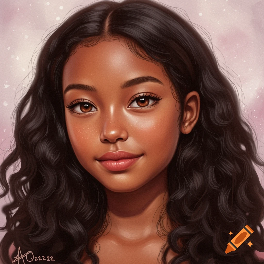 Portrait of a young girl with long dark curly hair and brown eyes