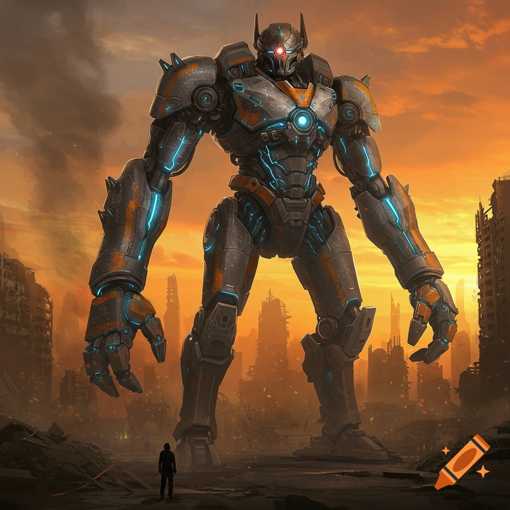 A giant robot stands in a ruined city at sunset.