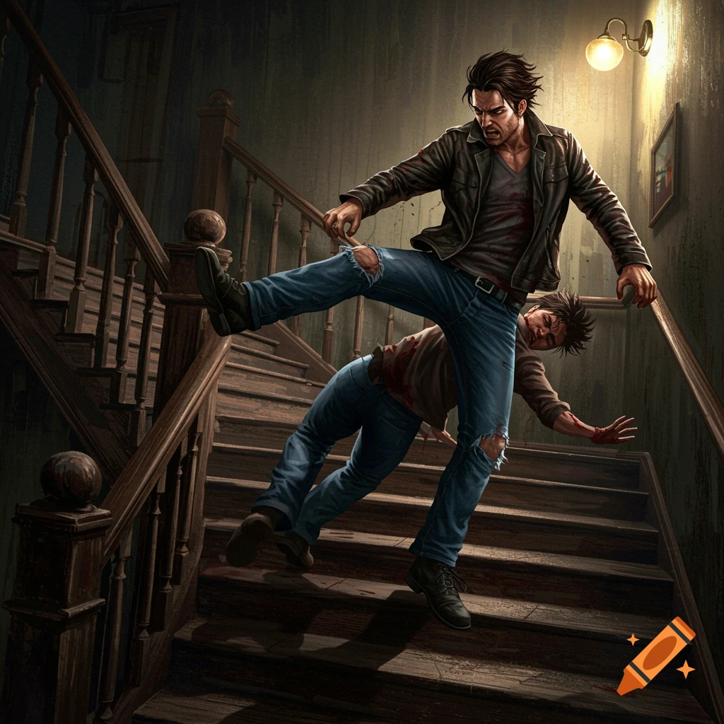 A man kicks another man down a dark wooden staircase.