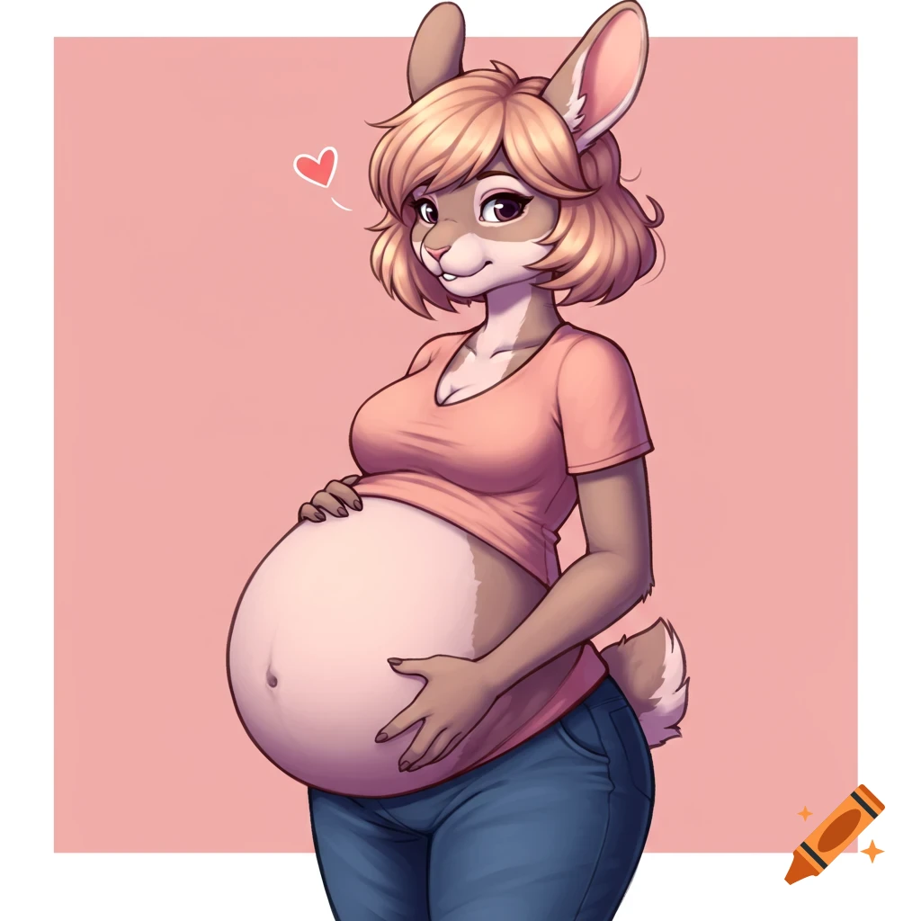 A pregnant anthropomorphic rabbit in a shirt and jeans holds her belly, with a heart symbol.