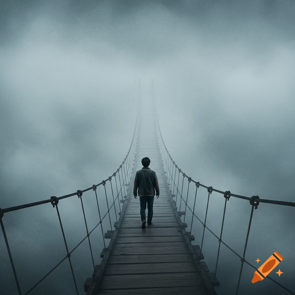 A person walks on a rope bridge into thick fog.