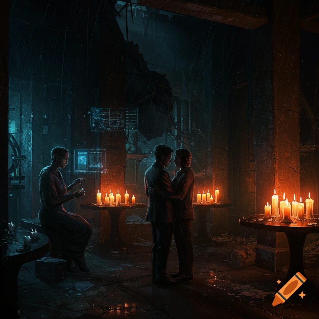 Couple embraces in dark, rainy brutalist ruins lit by candles, while another figure sits nearby.