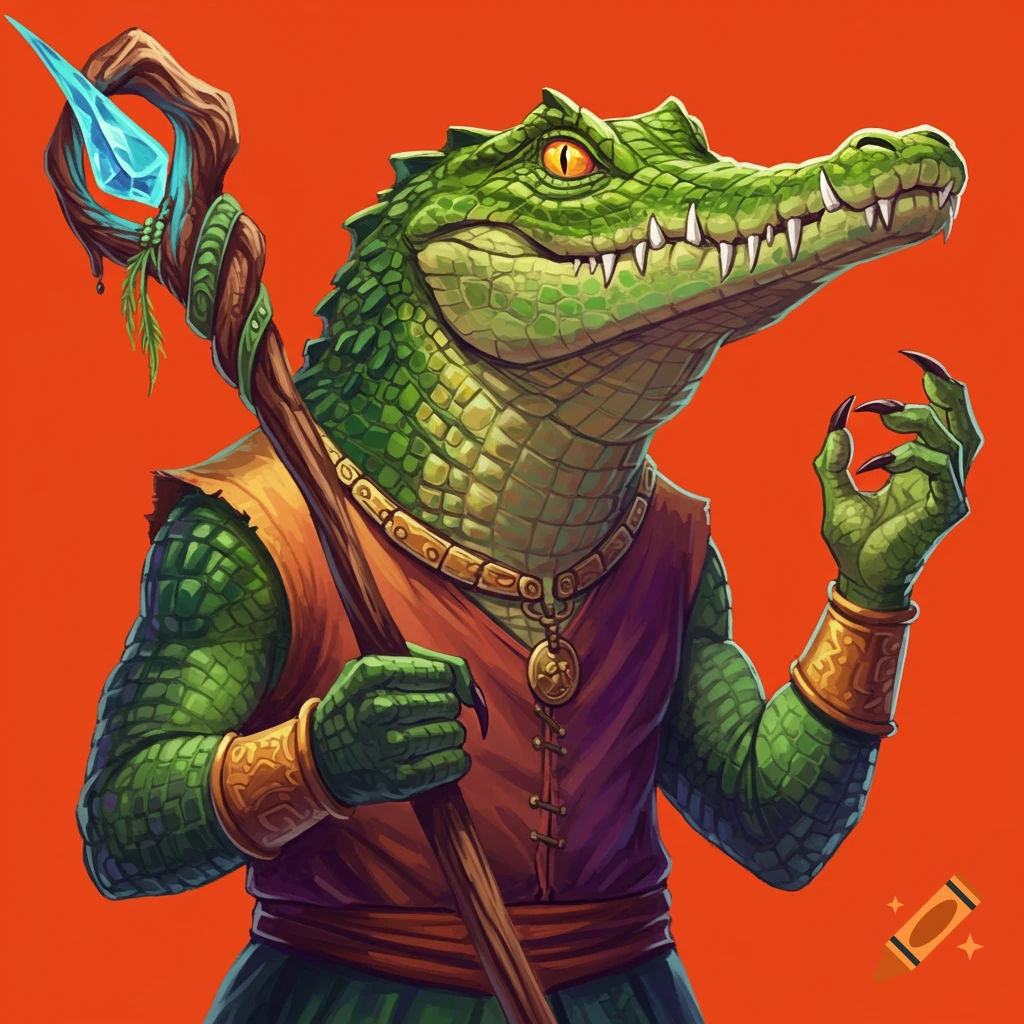 Anthropomorphic crocodile in fantasy clothing holding a staff with a crystal.