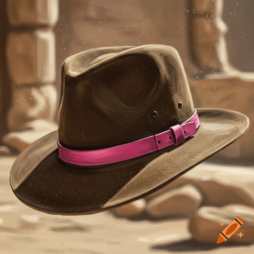 A brown fedora hat with a pink strap.