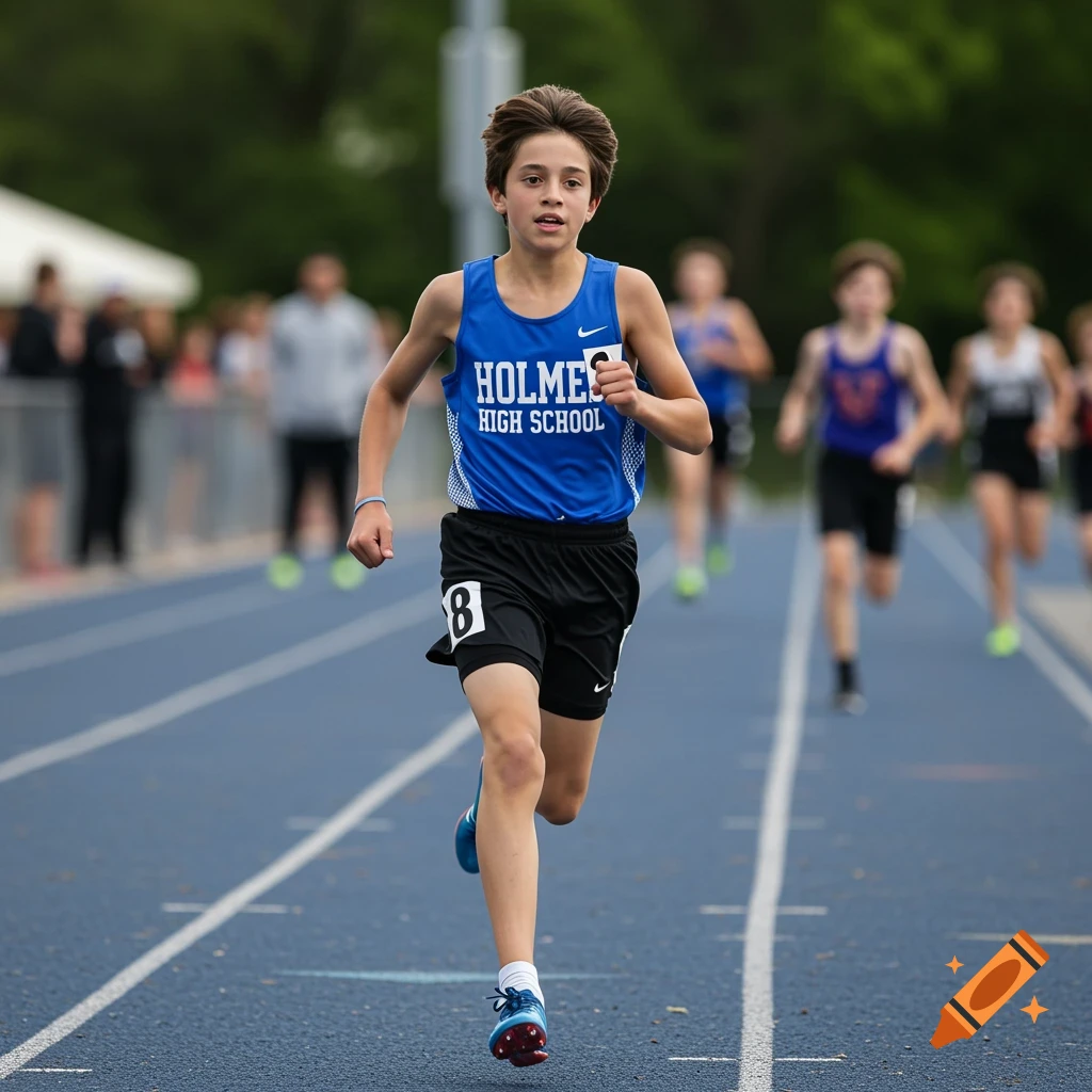 Young boy running a track race in a blue Holmes High School jersey.