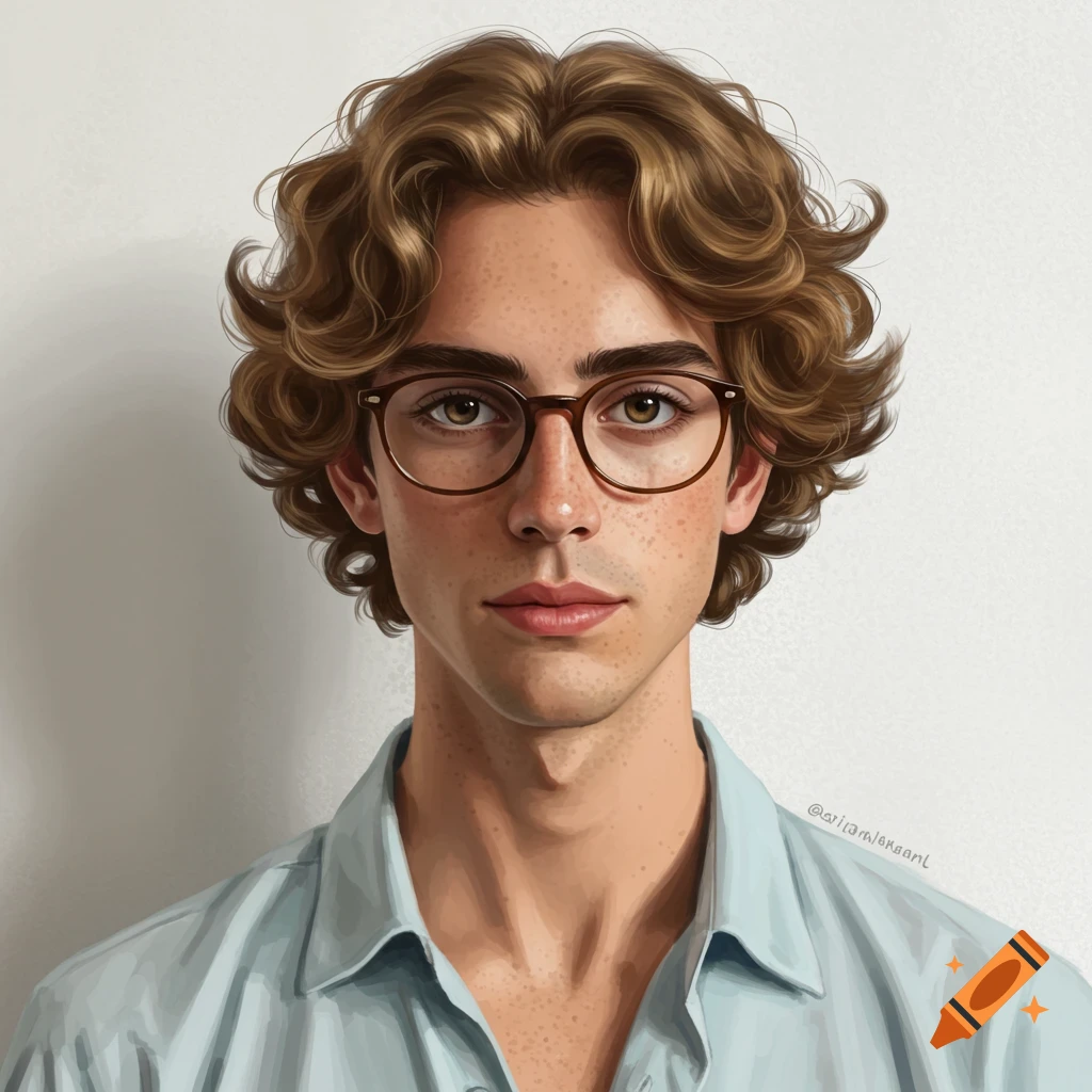 A young man with curly brown hair, freckles, and glasses wearing a blue shirt