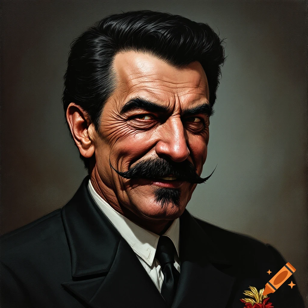 Close-up portrait of a stern man with a large mustache and goatee, wearing a suit.