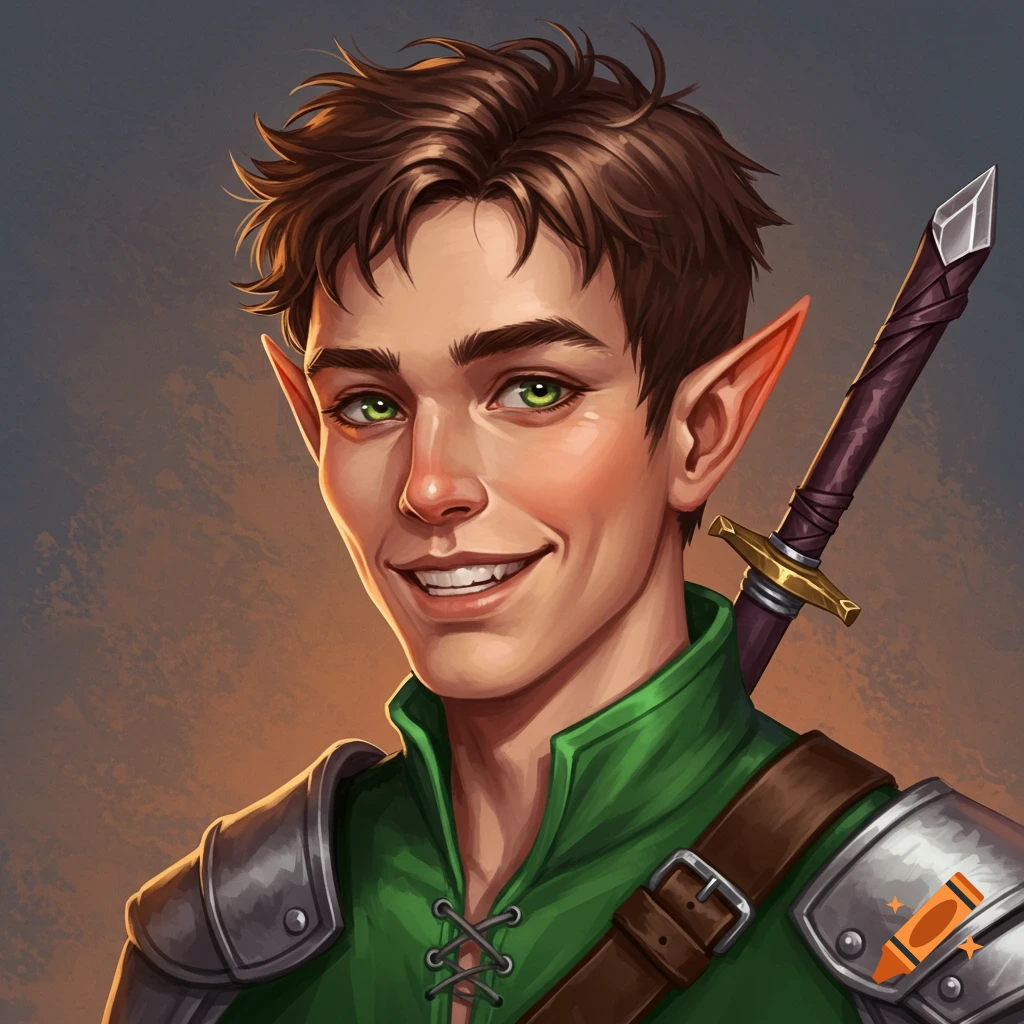 A young elf man with green eyes smiles, wearing fantasy armor and carrying a sword.