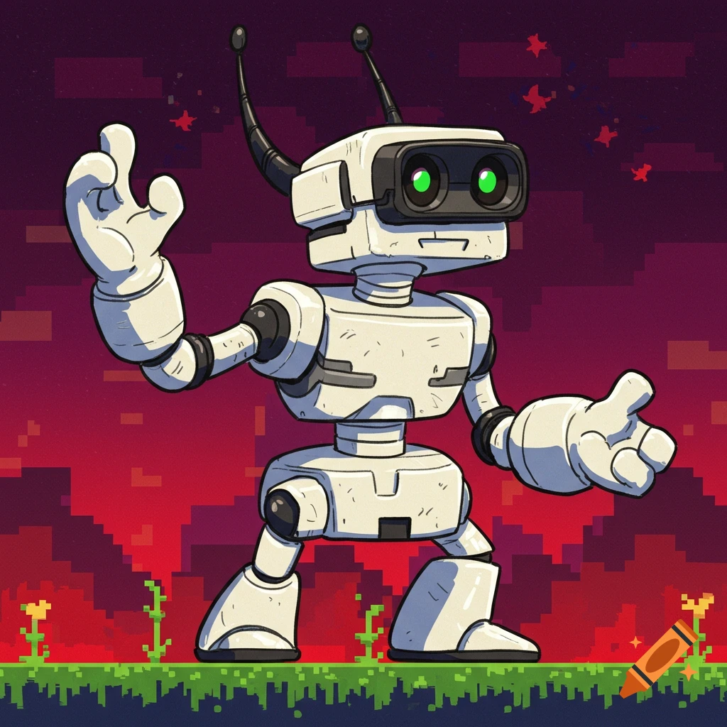 A cartoon robot resembling a hybrid of R.O.B. and Mr. Game and Watch in a pixelated landscape.