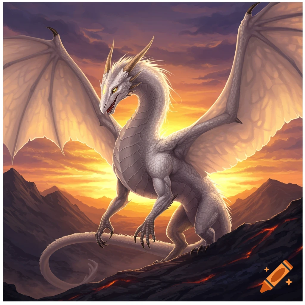 A powerful white dragon stands against a fiery sunset.