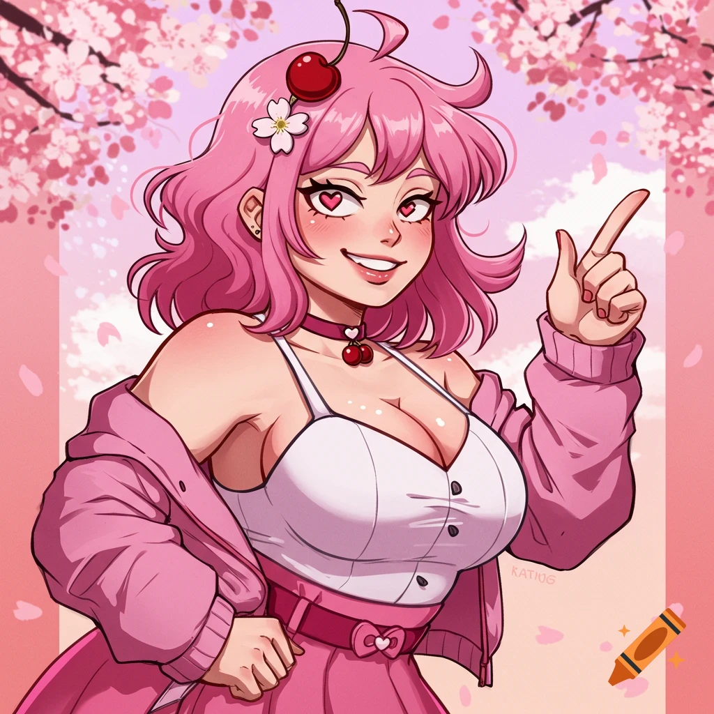 Anime woman with pink hair, heart eyes, cherry outfit, and cherry blossom background.