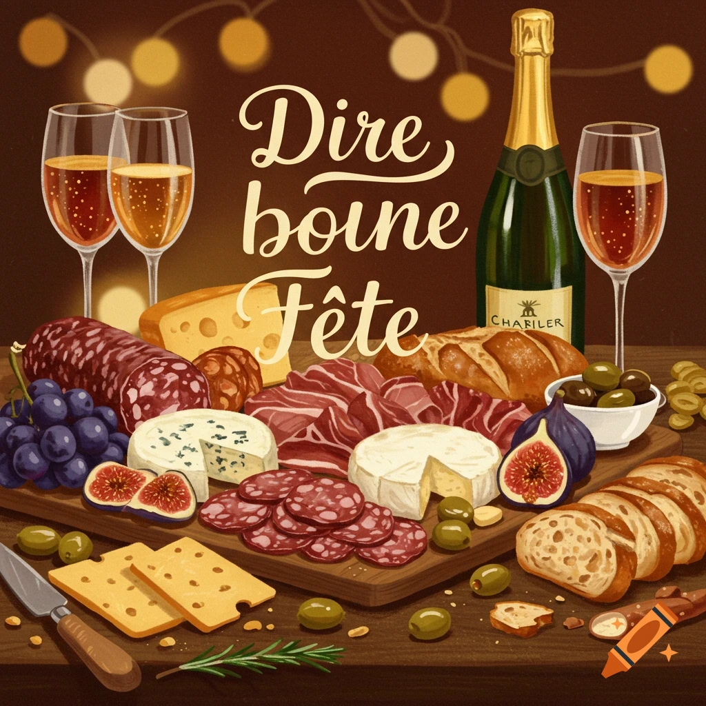 A charcuterie board with meats, cheeses, grapes, bread, and wine, with the text 'Dire bonne F"><ate'.