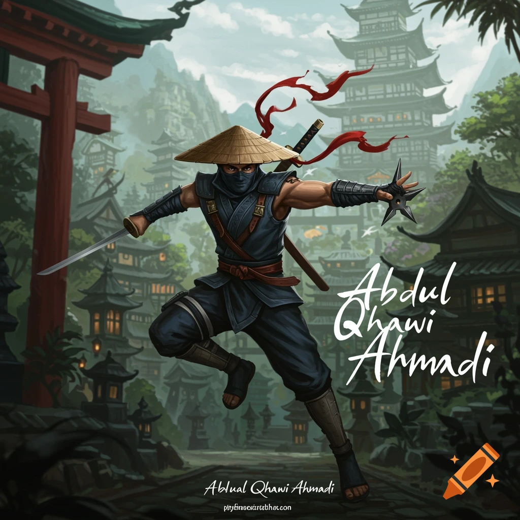 A ninja warrior with a sword and shuriken is in a Japanese temple setting.