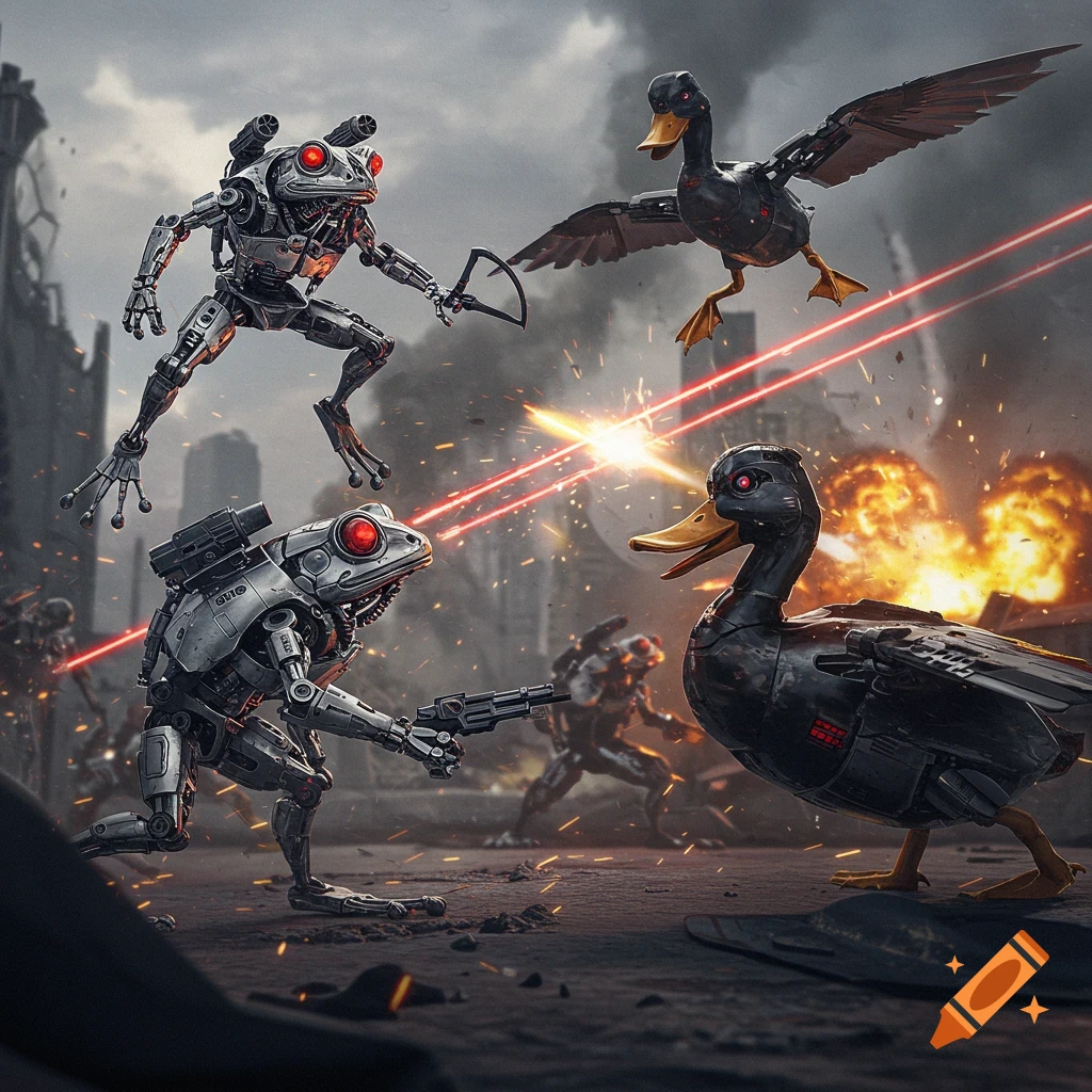 Robotic frogs battle robotic ducks with lasers in a ruined city.
