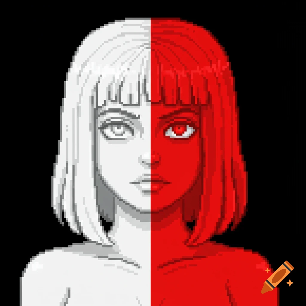 Pixel art portrait of a person split down the middle, left side white and right side red.