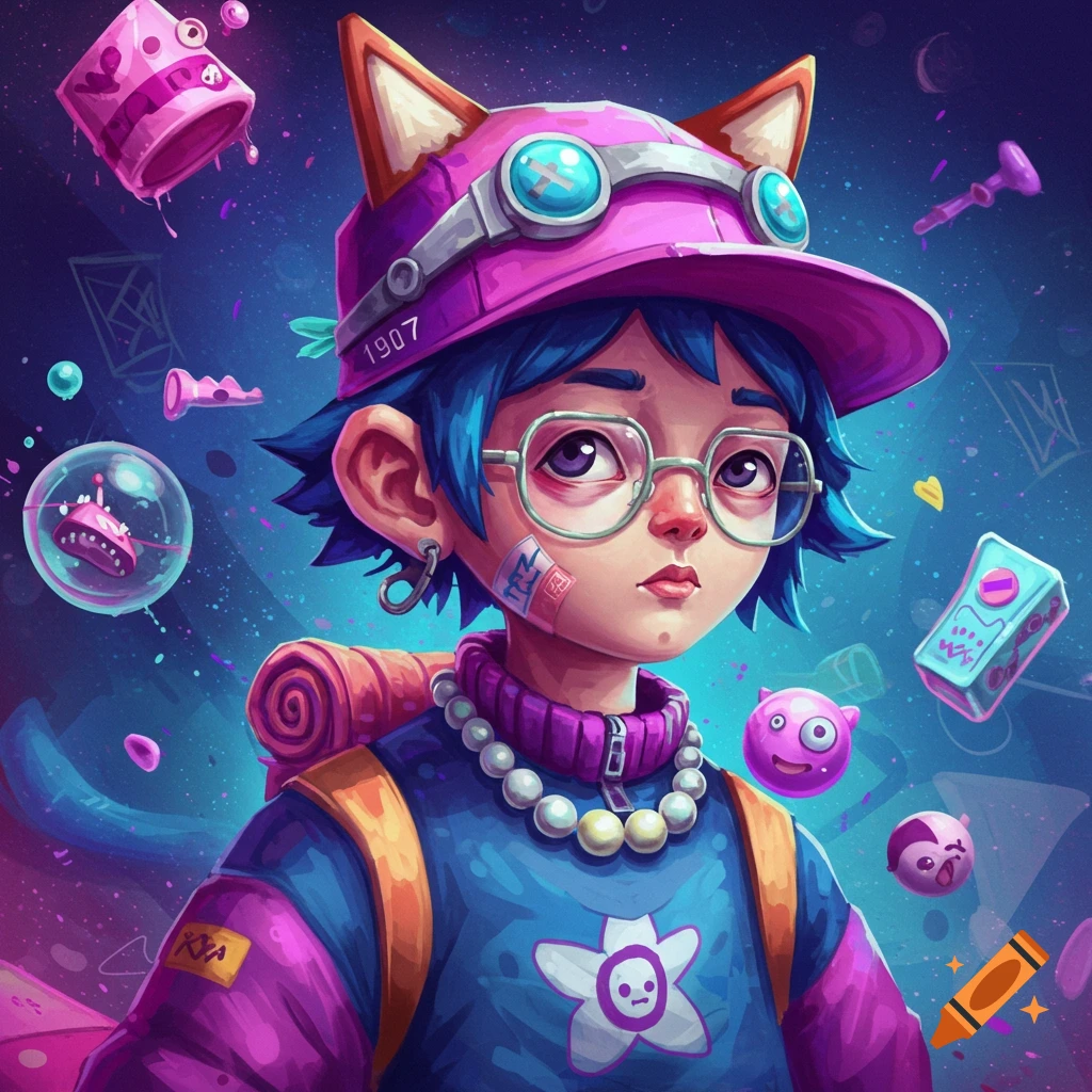 A character with blue hair, glasses, a cat-ear hat, and floating objects is depicted.