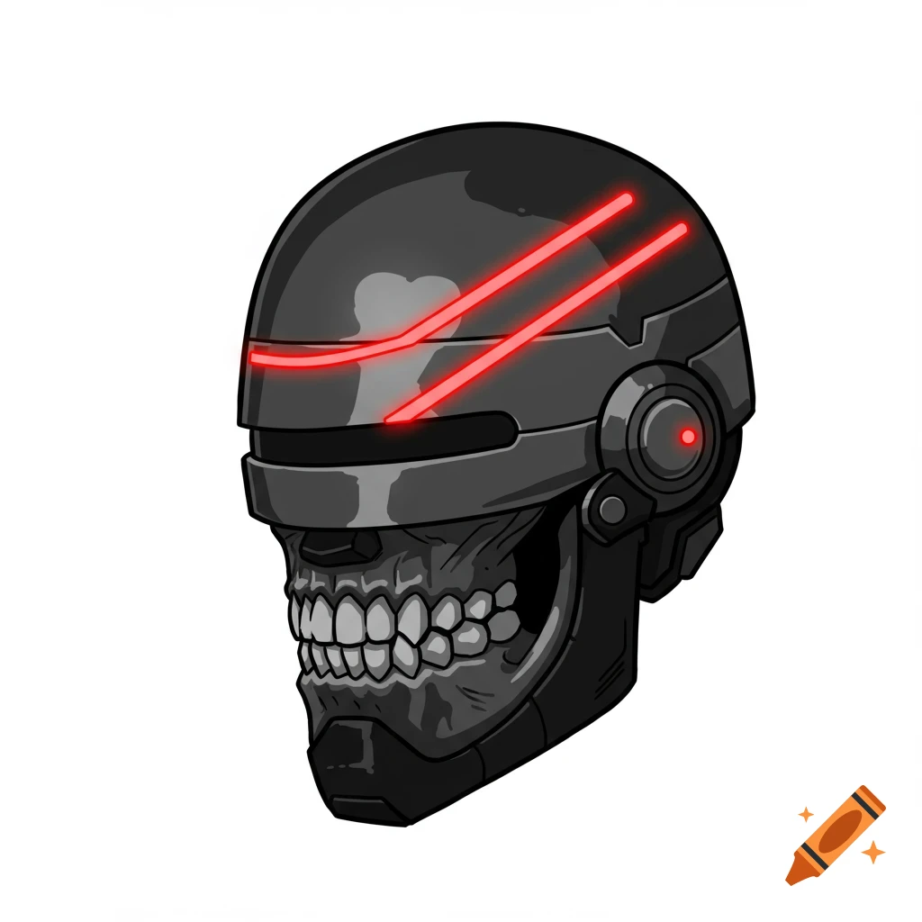 Stylized sci-fi logo of a black helmet with red lines combined with a skeletal jaw