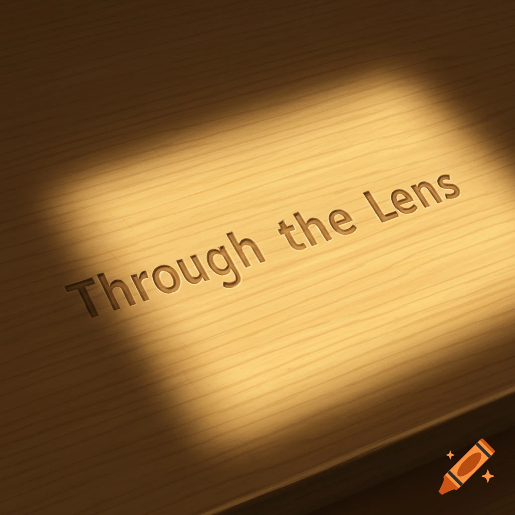 Text 'Through the Lens' carved into a wooden surface illuminated by light.