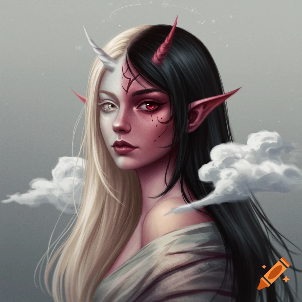 Fantasy portrait of a woman with split black and blonde hair, horns, and clouds.