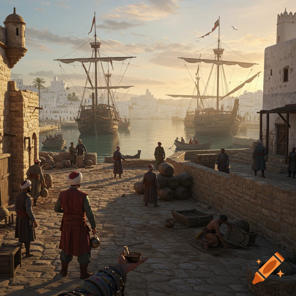 Historical port scene with ships, people, and buildings at sunrise.