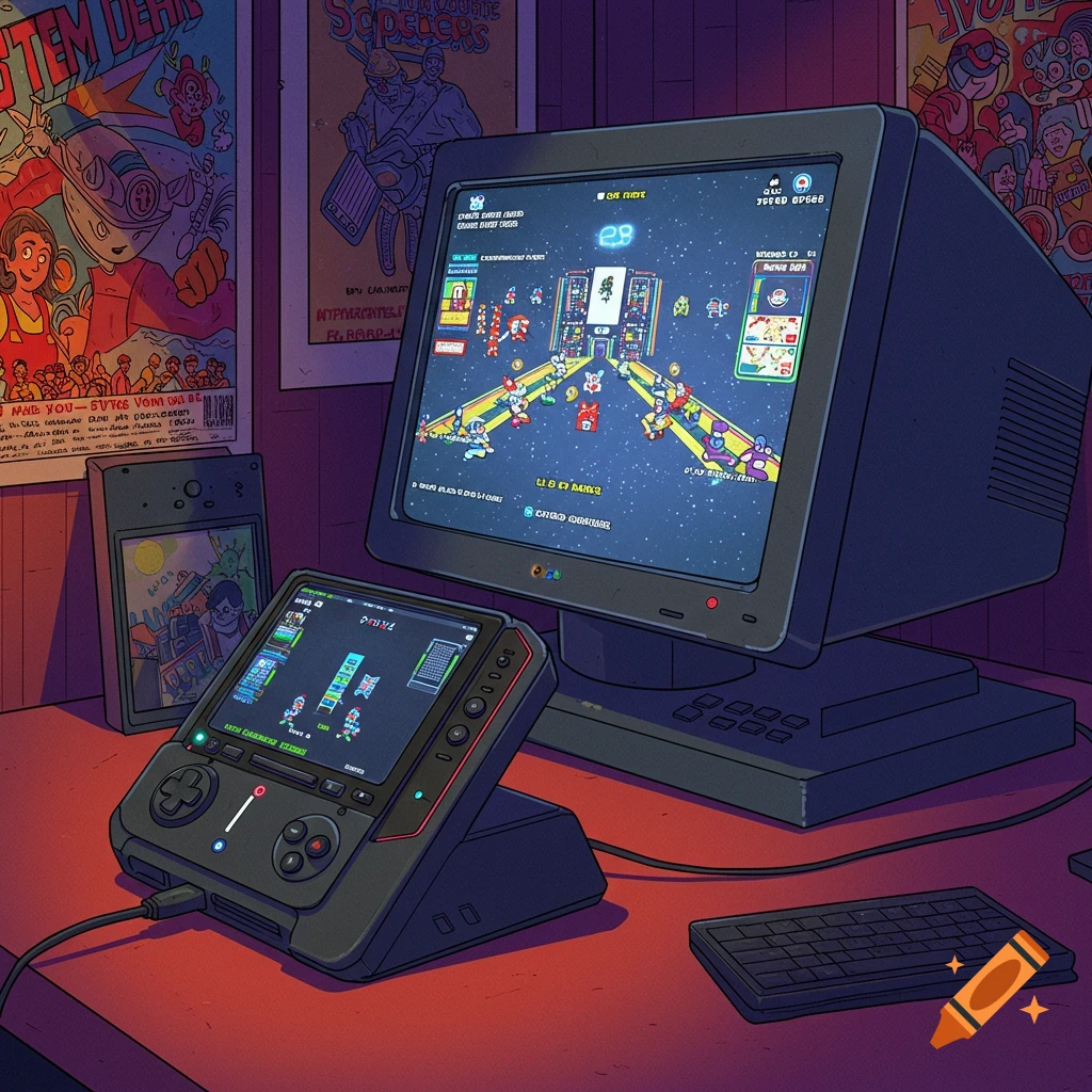 A desk with a retro monitor displaying a game, a handheld console, and a keyboard.