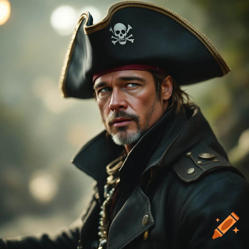 Photorealistic portrait of a man in a pirate hat with a skull and crossbones symbol and a dark coat.