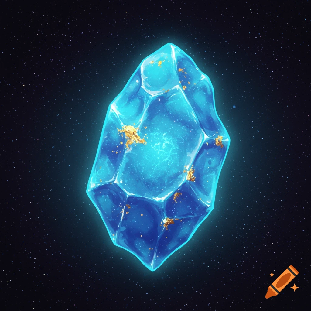 A glowing blue magic stone with golden specks floating in space.