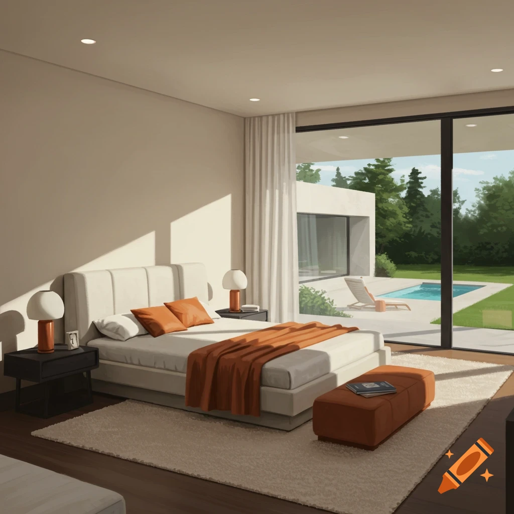 A modern bedroom featuring an orange bedspread and a large window overlooking a patio with a pool.