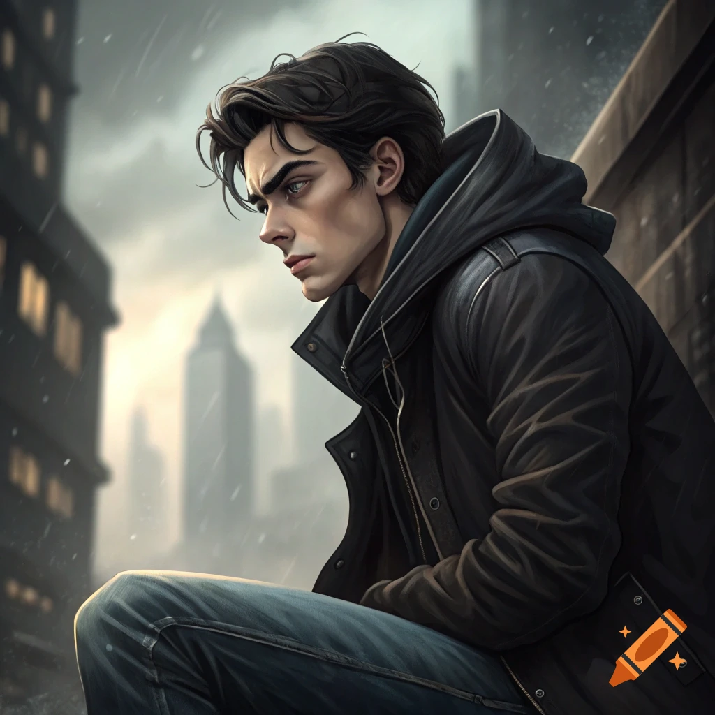 A young man in a dark jacket sits on a ledge overlooking a rainy city.