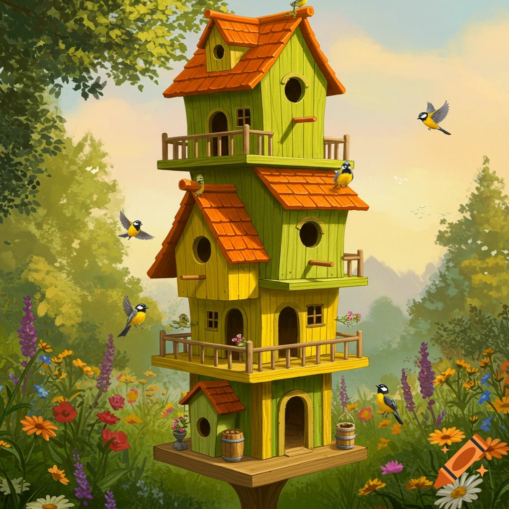 A multi-story birdhouse in a lush garden with birds flying around