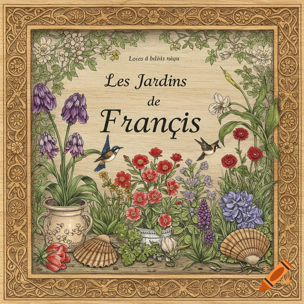 Decorative wooden plaque with intricate border featuring flowers, plants, birds, and shells around text.