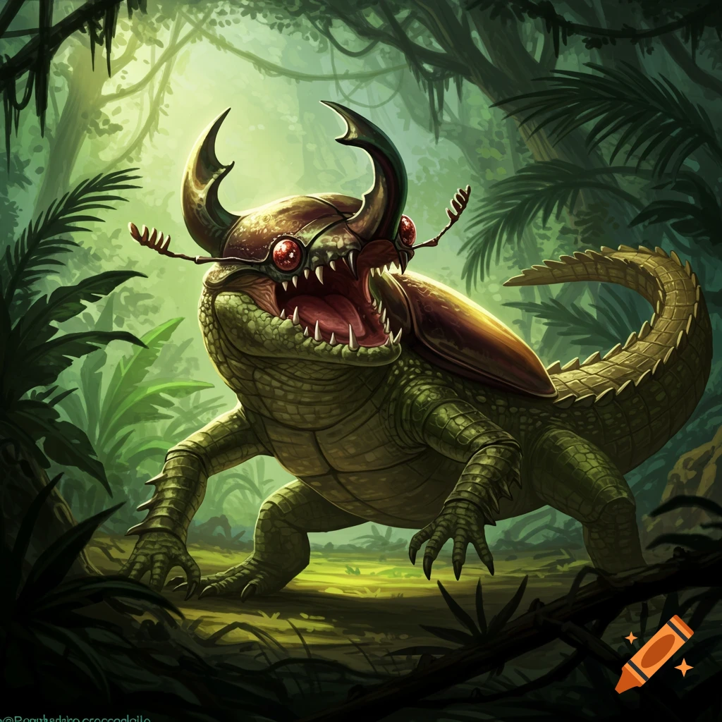 A beetle-crocodile hybrid creature in a jungle.