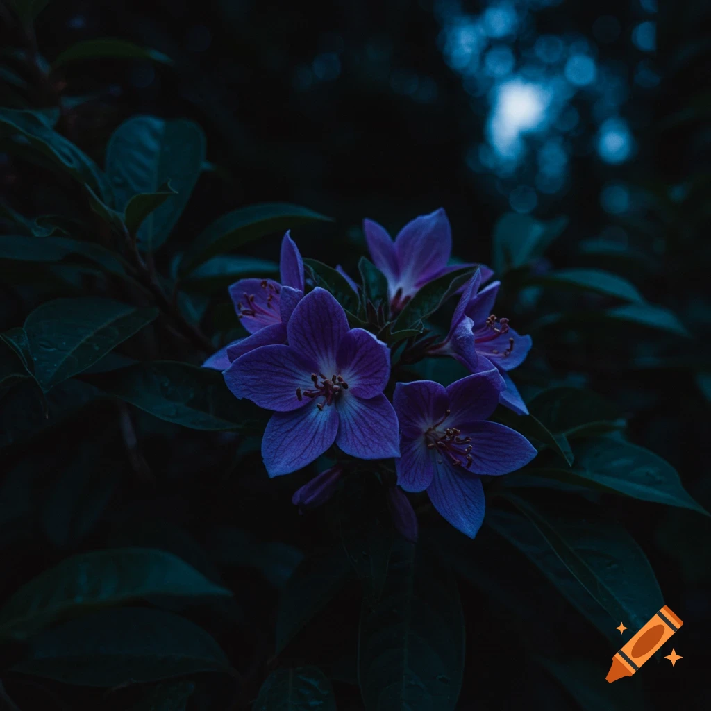 Close-up photograph of purple flowers blooming at night.
