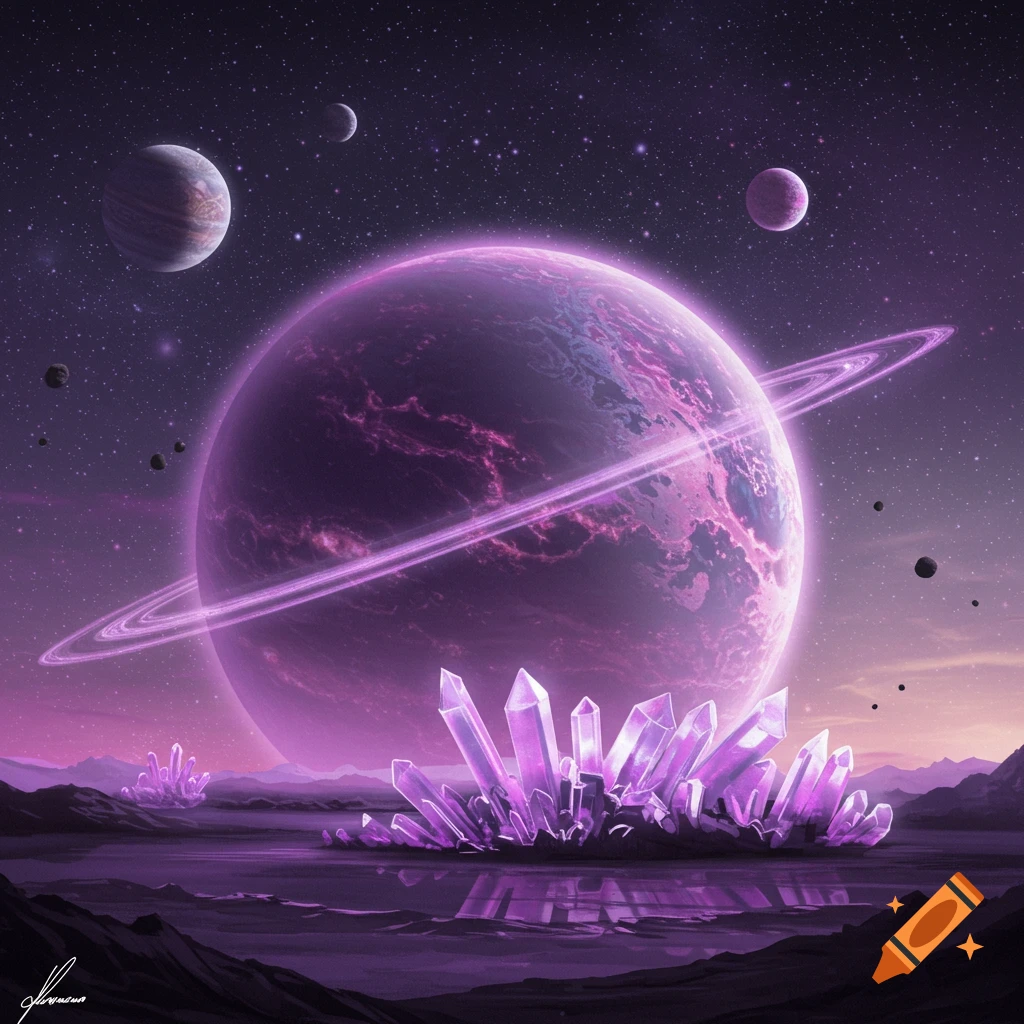 A large purple ringed planet with moons, glowing crystals in a lake, and a starry sky.