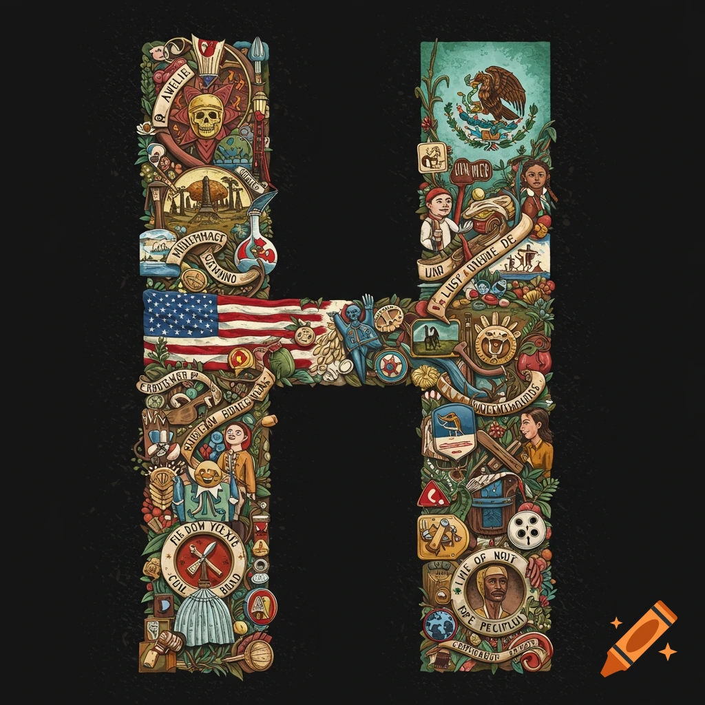 An ornate illustrated capital letter H filled with American and Mexican cultural symbols and images.