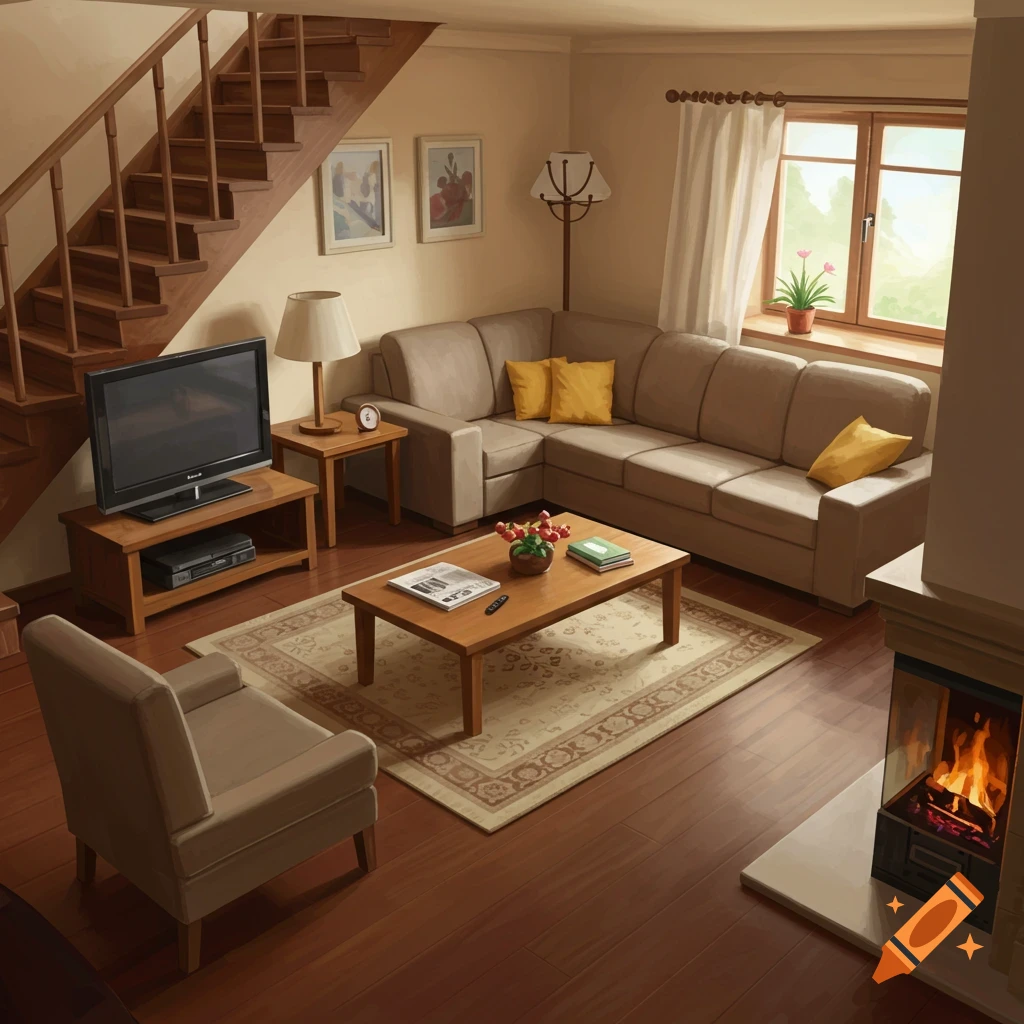 A cozy living room with a fireplace, corner sofa, television, and wooden staircase.