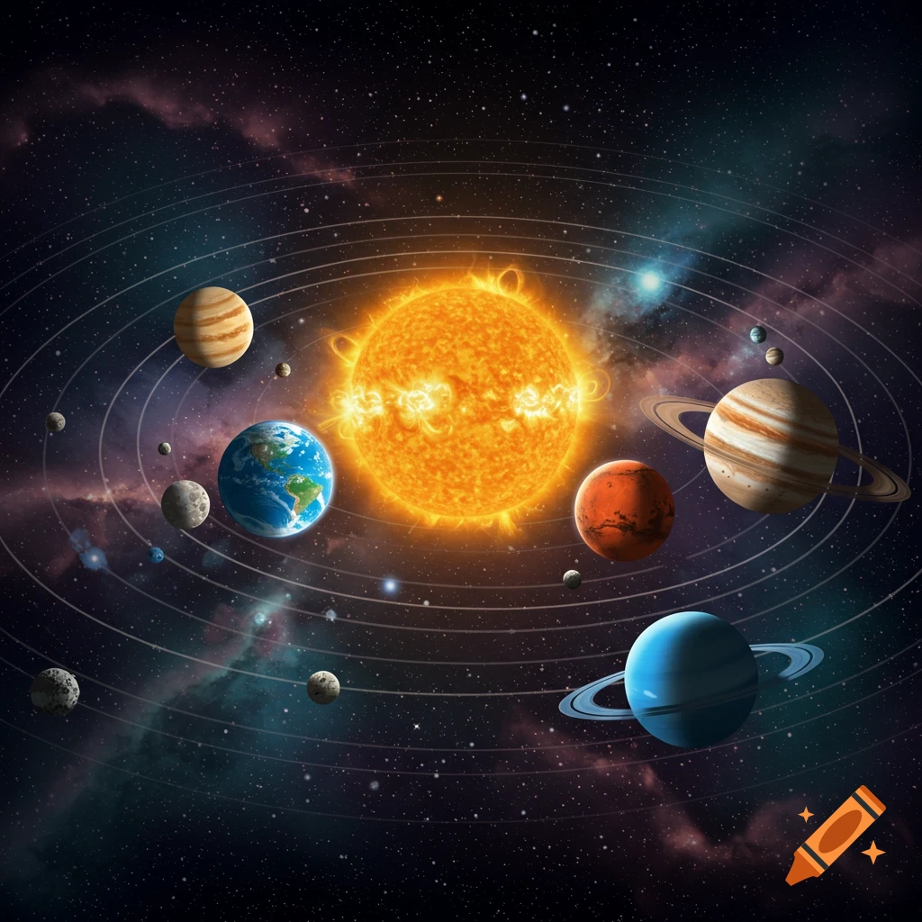 The sun and planets in the solar system orbiting in space
