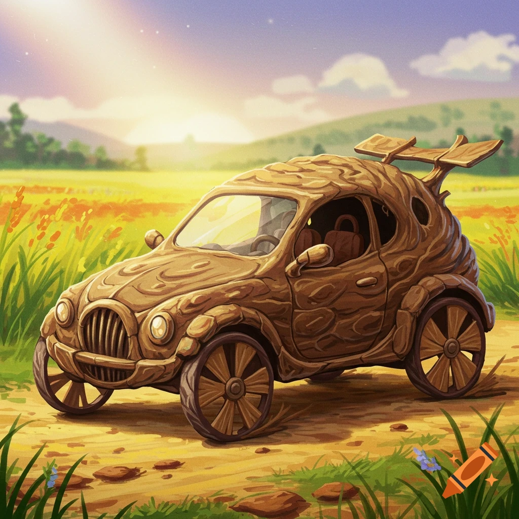 A stylized car made of wood or mud sits in a field at sunset.