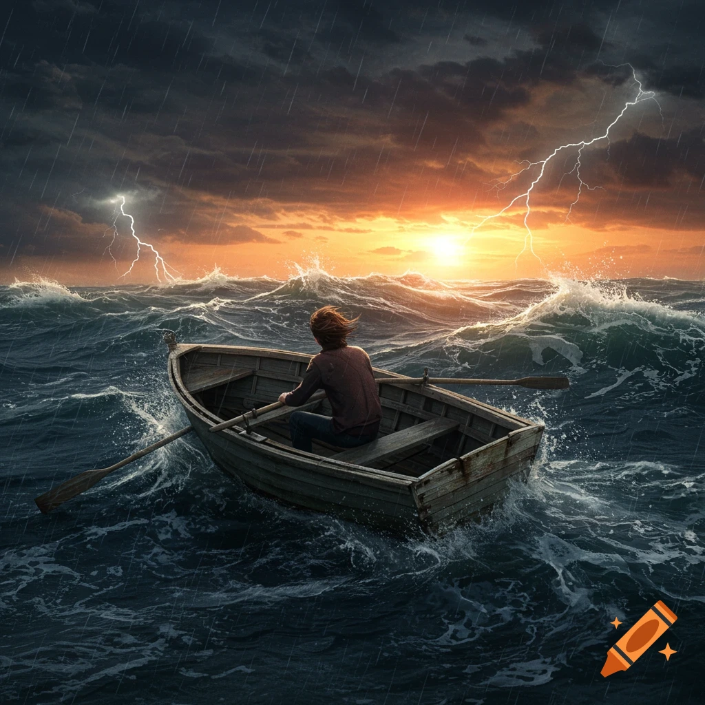 Person in a small boat on rough seas during a severe storm with lightning and a sunset.