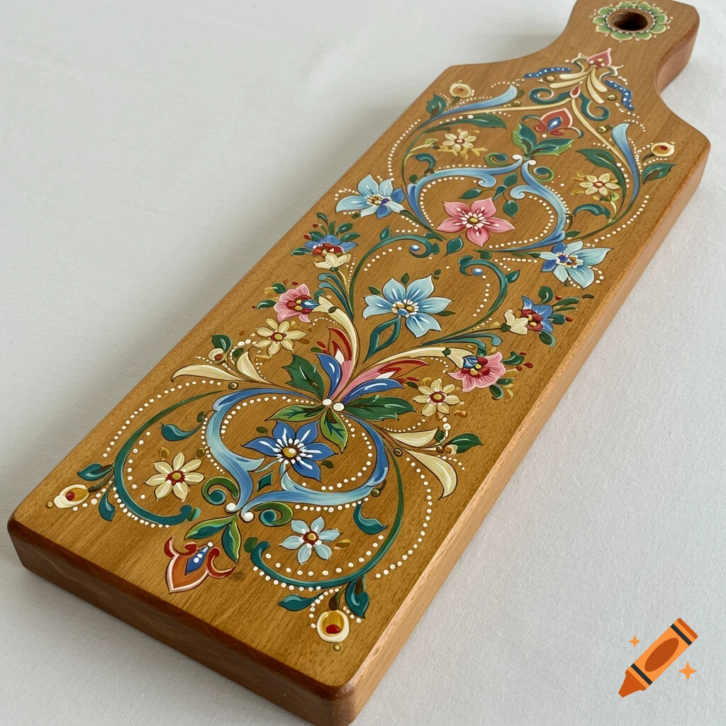 Wooden cutting board with colorful floral painting.