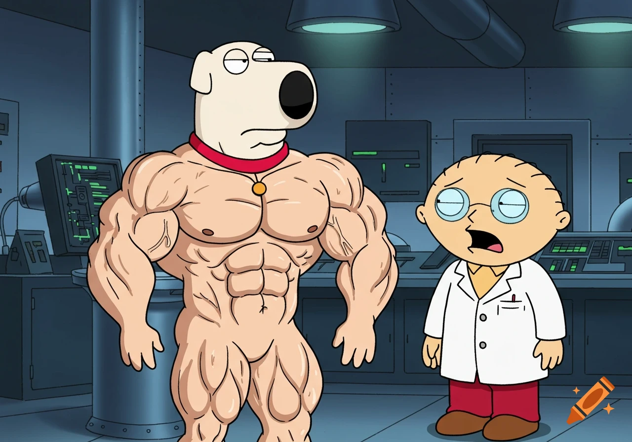 Cartoon Brian Griffin with exaggerated muscles next to a shocked Stewie Griffin in a lab.