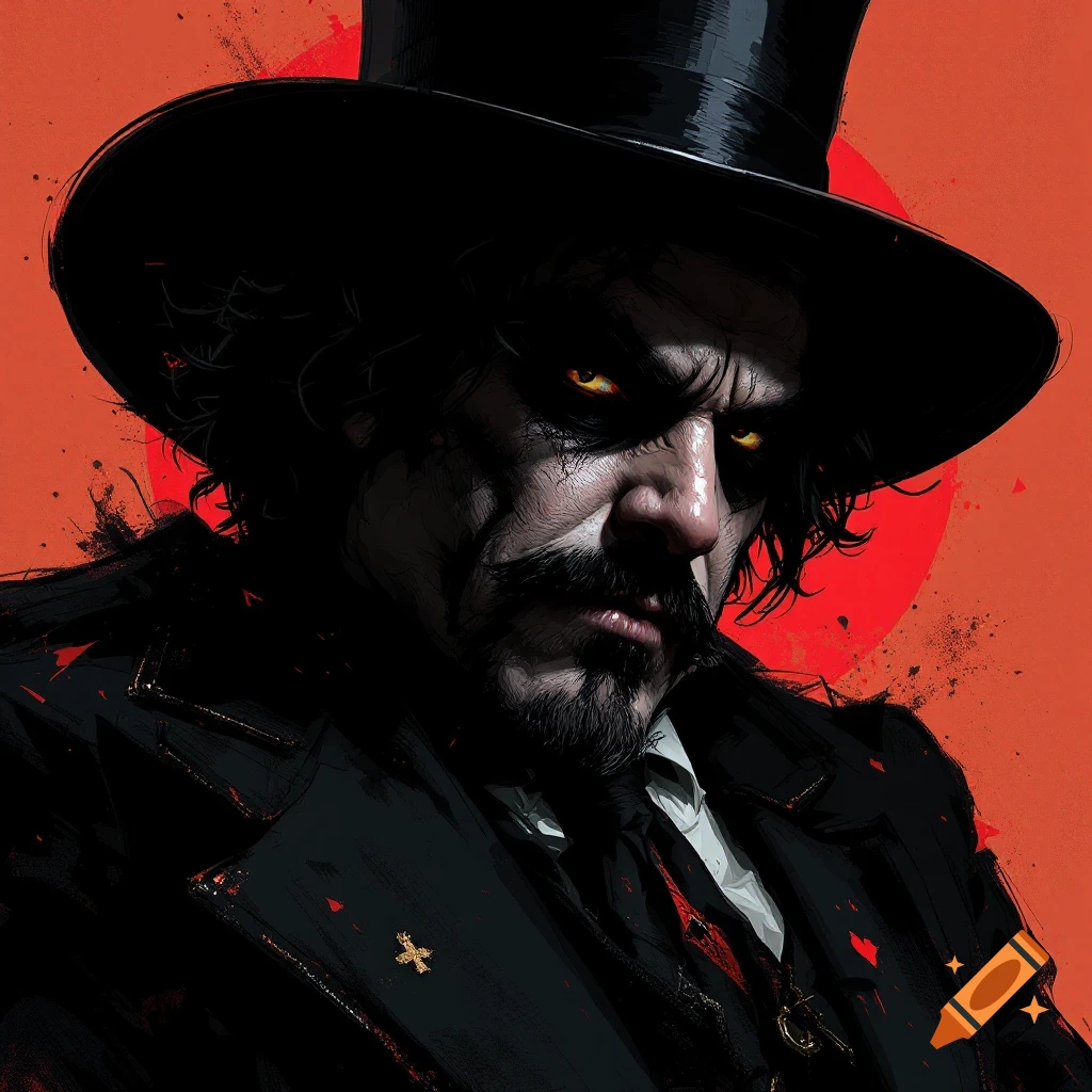 A mysterious man in a top hat with glowing yellow eyes against a red background.