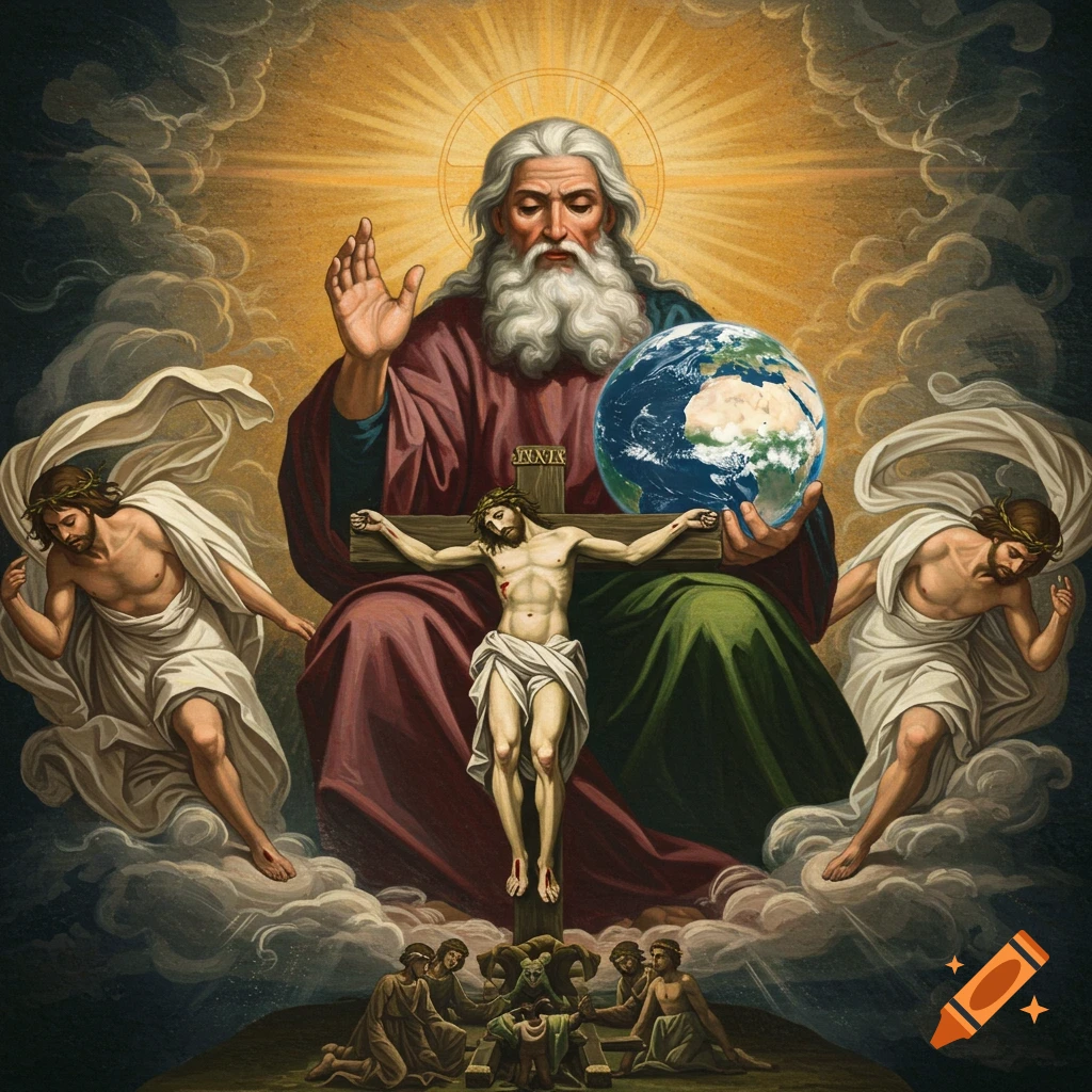 Painting of God holding the Earth with Jesus on the cross below, surrounded by clouds and figures.