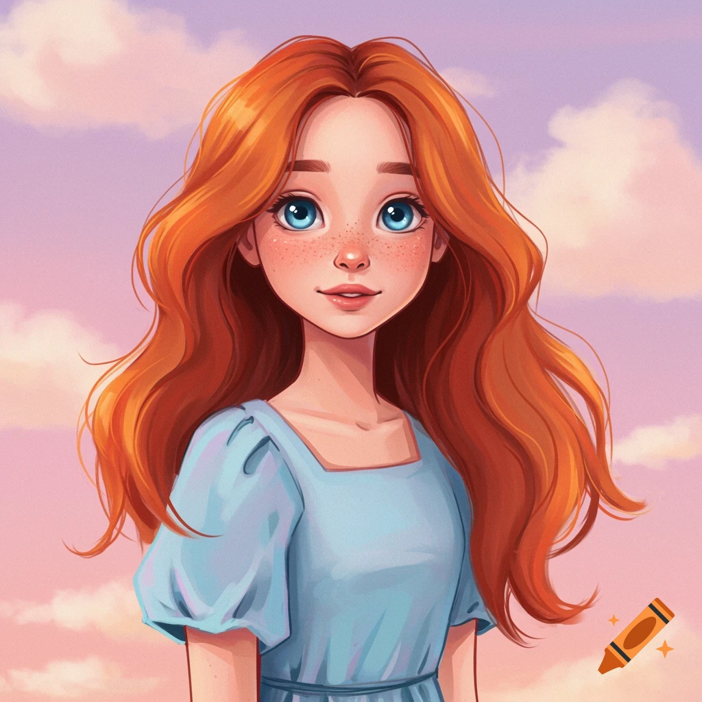 A red-haired girl with freckles against a pastel sky.