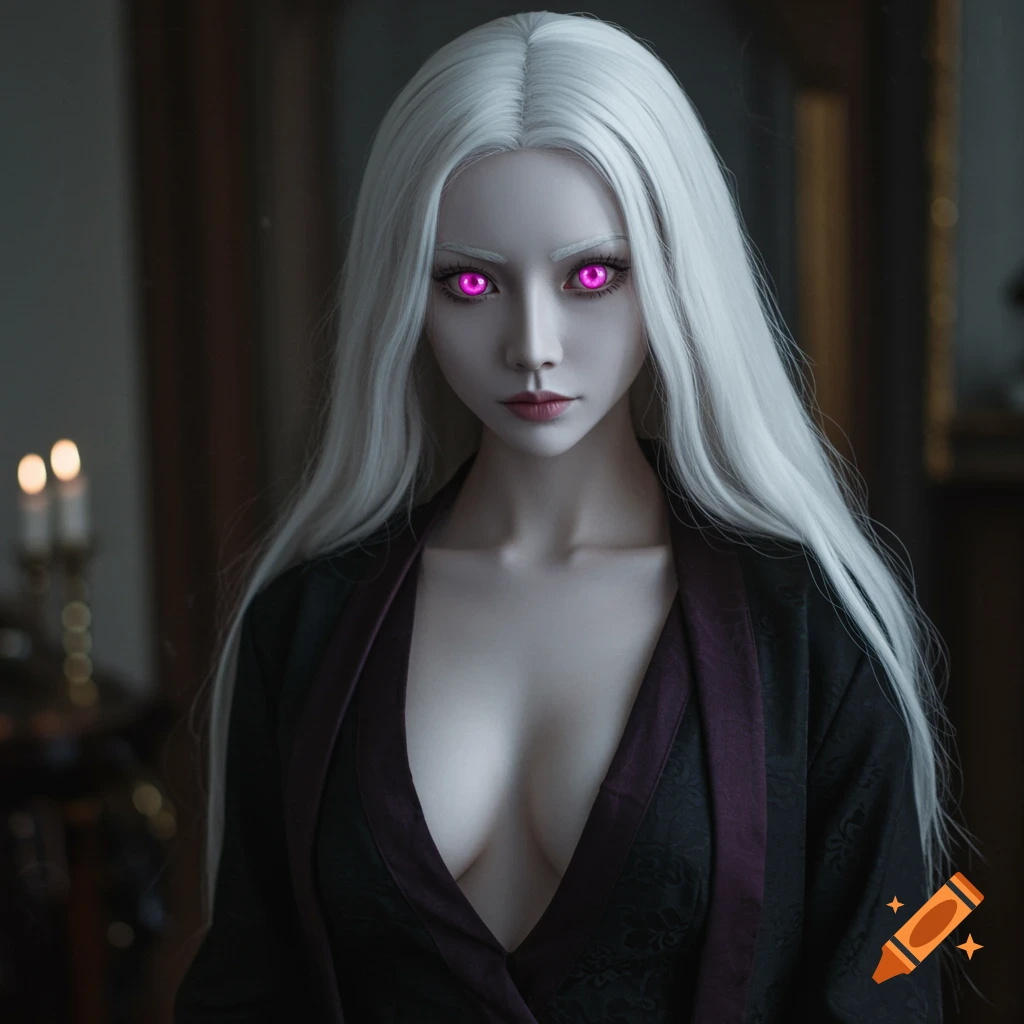 A portrait of a woman with white hair and pink eyes in a dark robe.